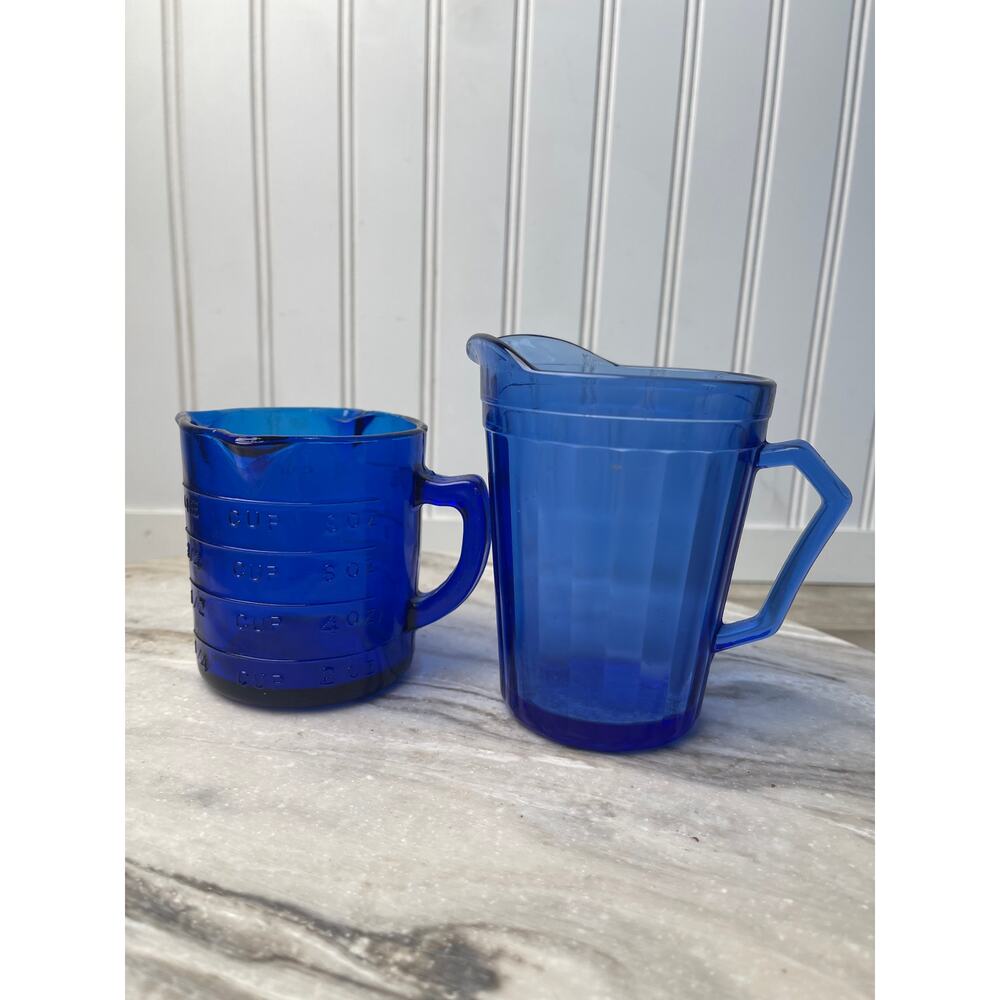VTG Cobalt Blue Glass Pitcher & 1-Cup Measuring Cup Set Era: 1930s-1950s